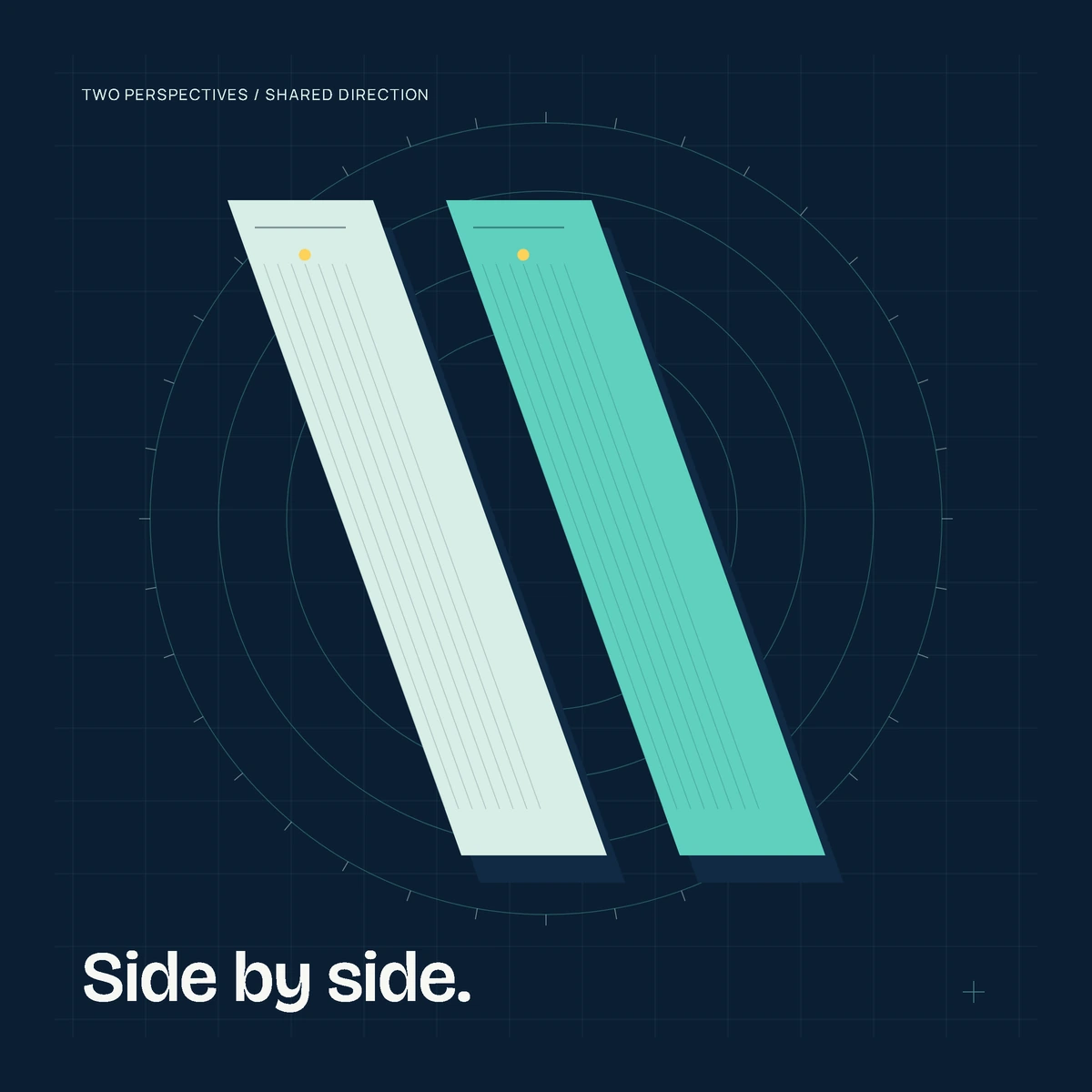 Illustration of two parallel angled arms working side by side within concentric circles.