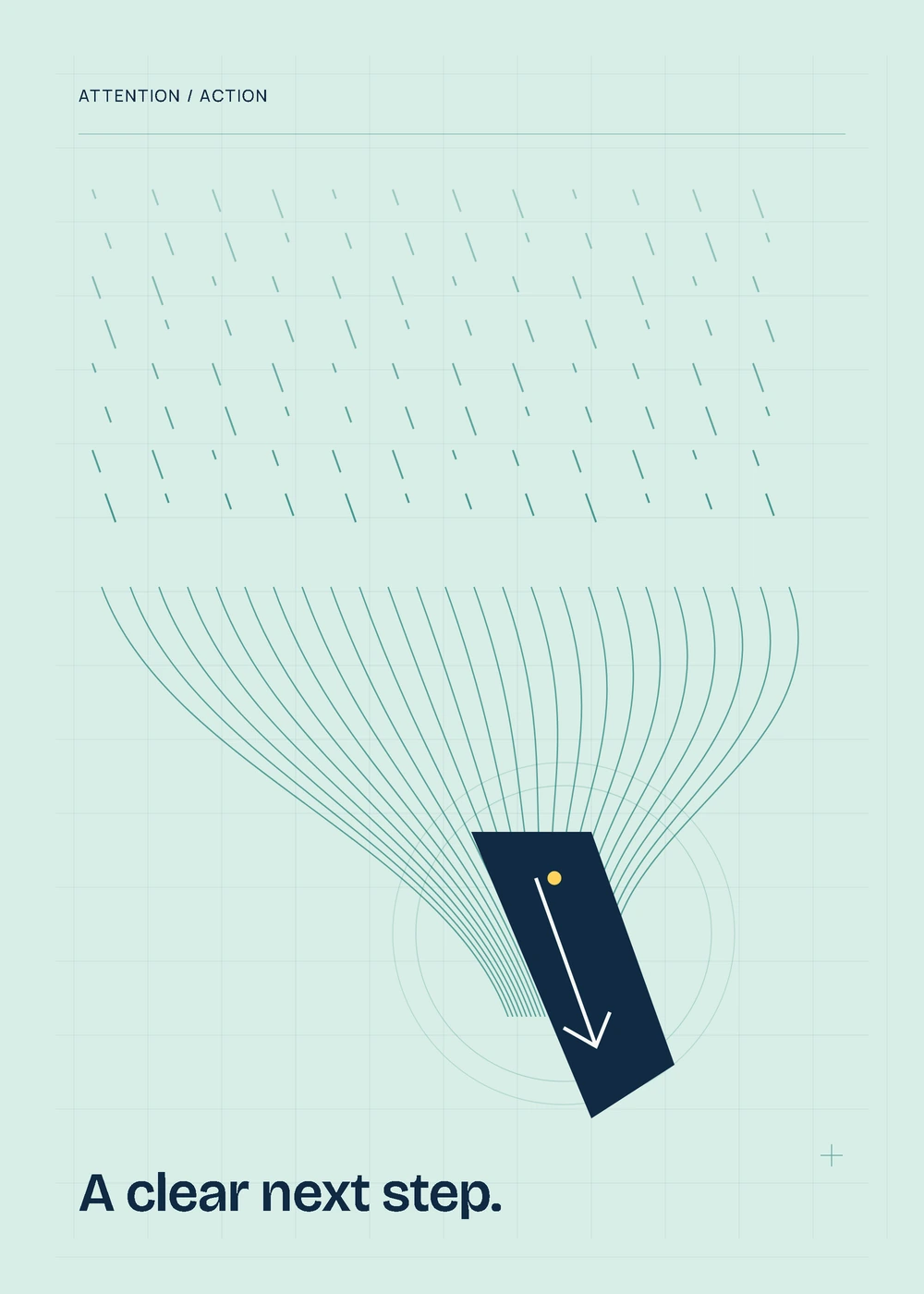 Illustration of scattered marks gathering into a single directional arrow.