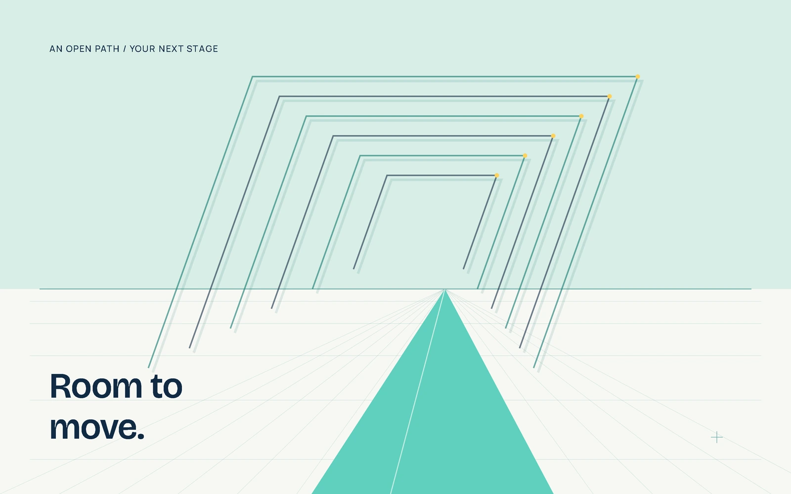 Illustration of an open teal path extending towards a horizon through angled frames.