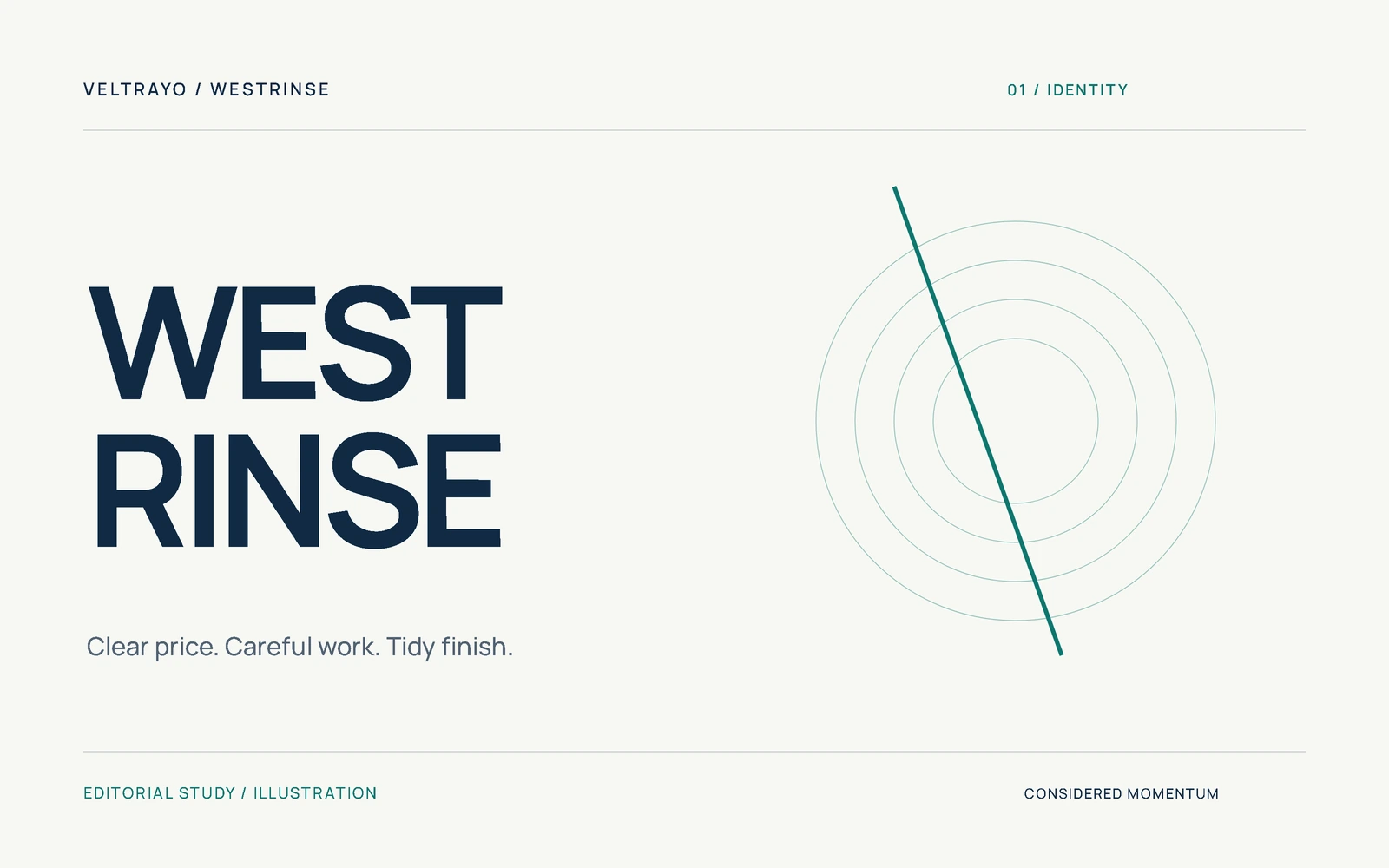 Editorial illustration of WestRinse typography beside concentric circles and a precise teal diagonal.