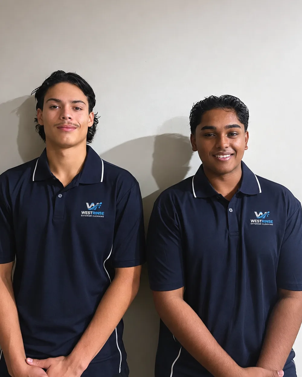 WestRinse co-founders Ashton and Raiyan standing side by side in navy WestRinse polo shirts.
